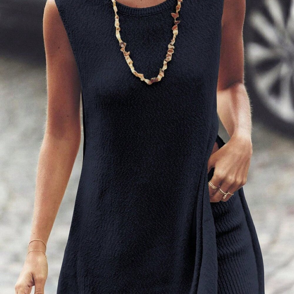 Black Casual Women's Loose Sleeveless Knit Tank Top And Knit Shorts Set